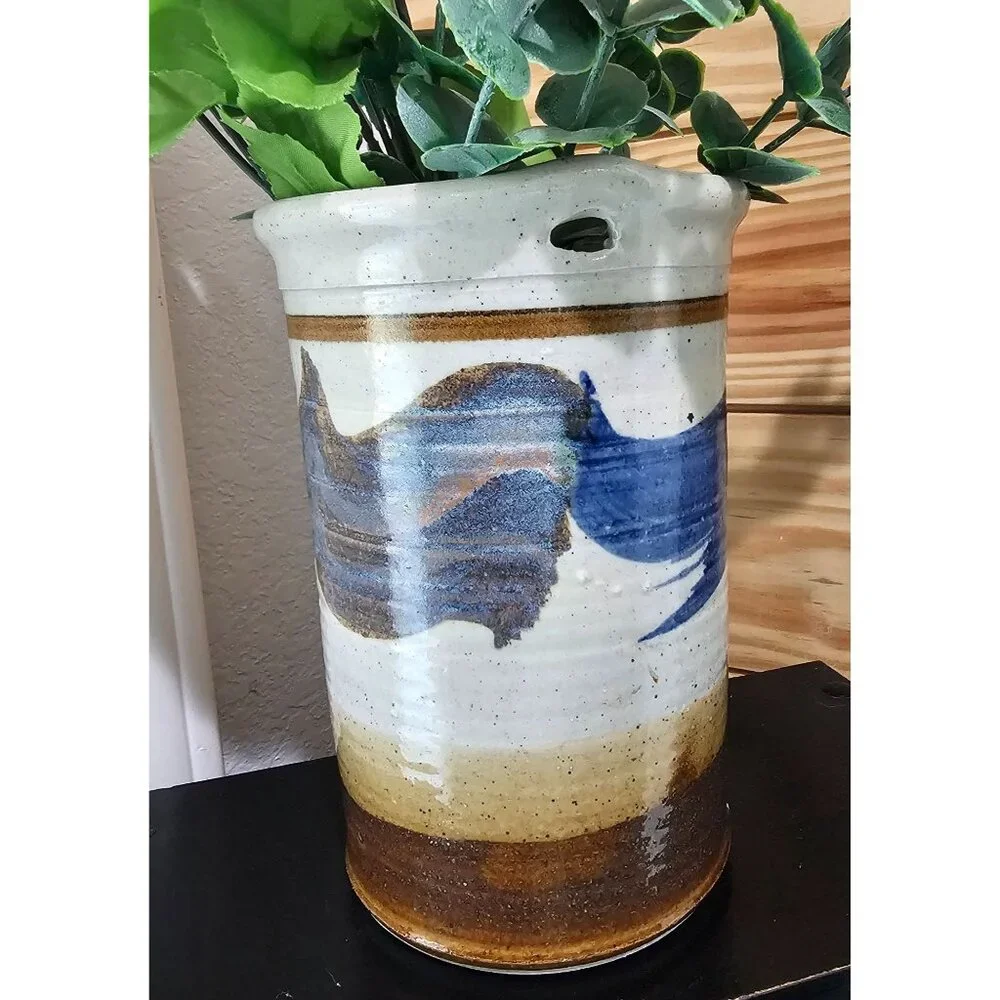 Signed Studio Pottery Vase Cream‎ Blue Brown 7